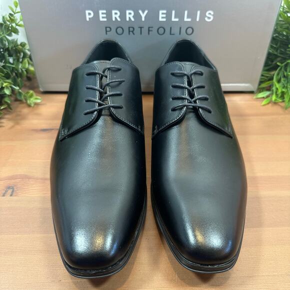 Perry Ellis Portfolio Black Leather Oxfords Shoes Size 10 - Picture 3 of 8